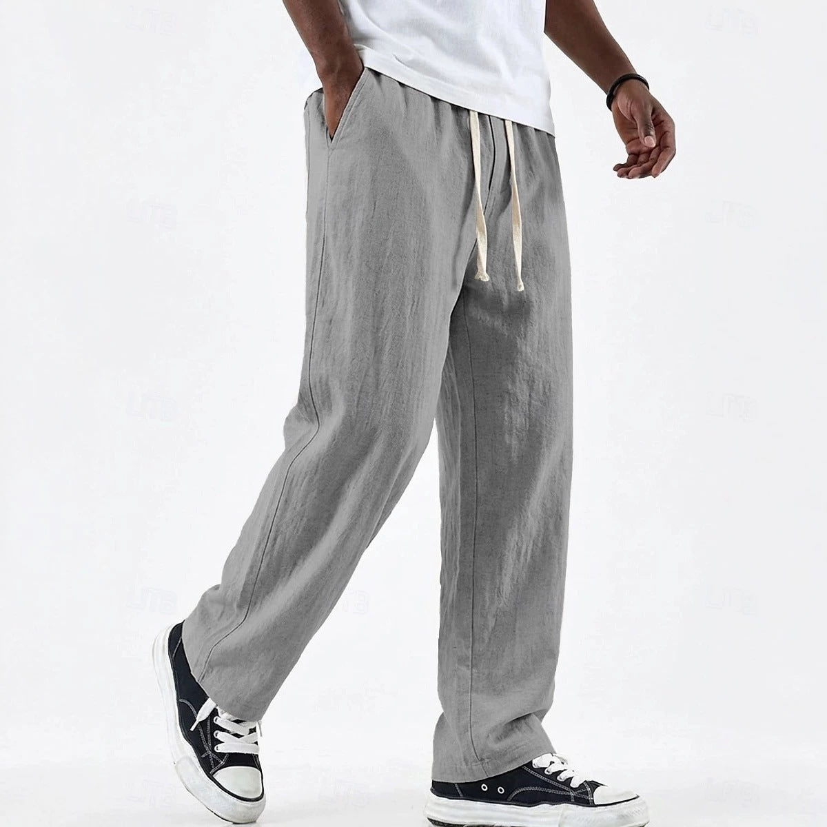 Linen Loose Drape Drawstring Cotton-Linen Casual Straight Leg Wide Leg Pants for Men