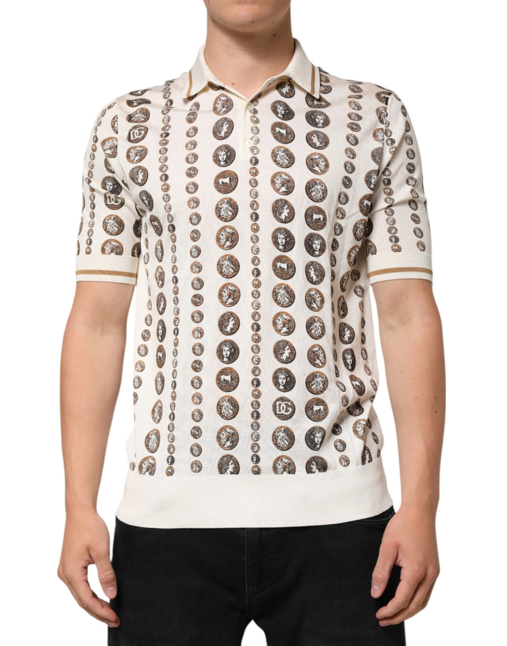 Dolce & Gabbana Silk Ivory Coin Print Logo Men's Polo T-shirt
