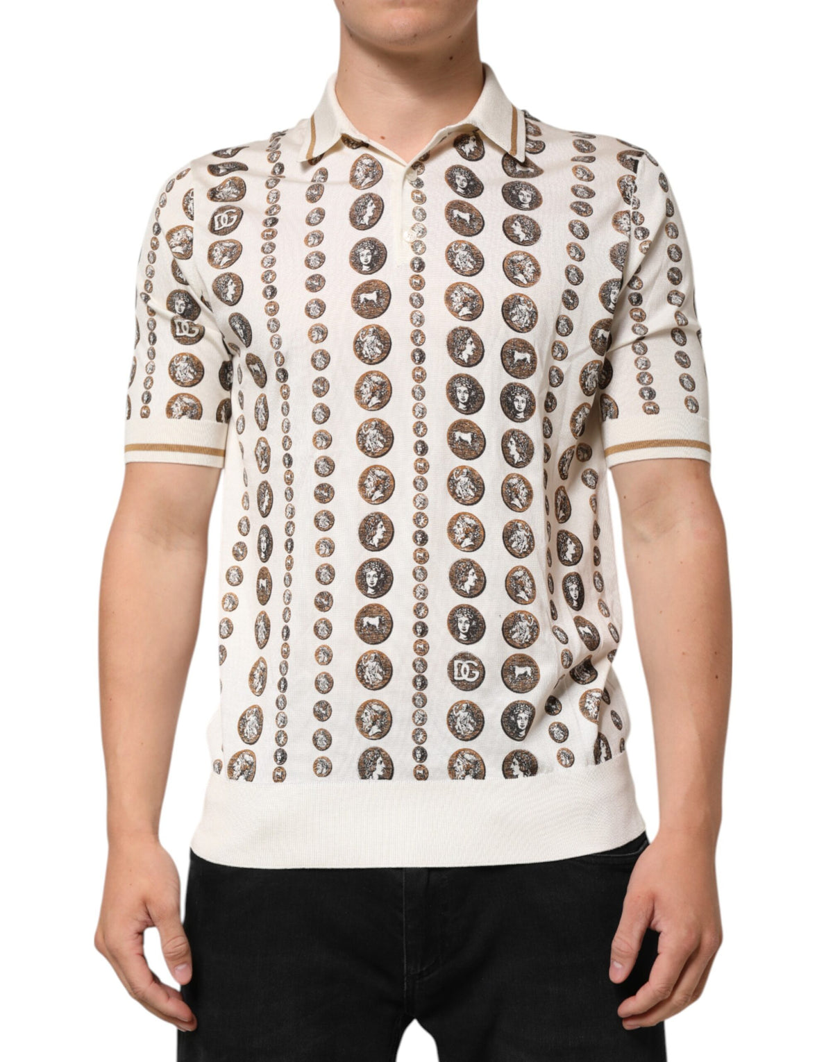 Dolce & Gabbana Silk Ivory Coin Print Logo Men's Polo T-shirt