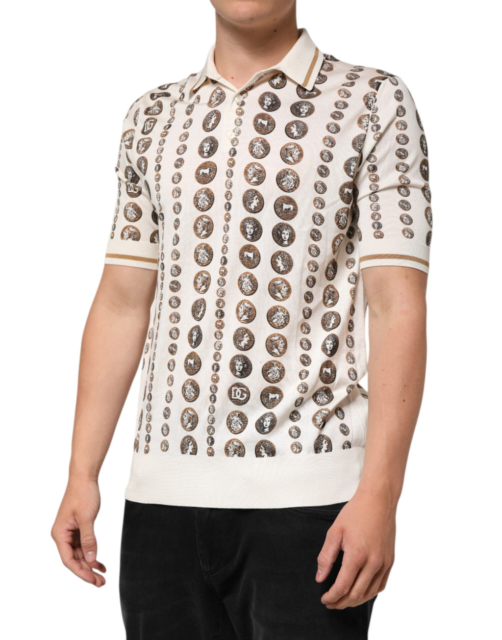 Dolce & Gabbana Silk Ivory Coin Print Logo Men's Polo T-shirt