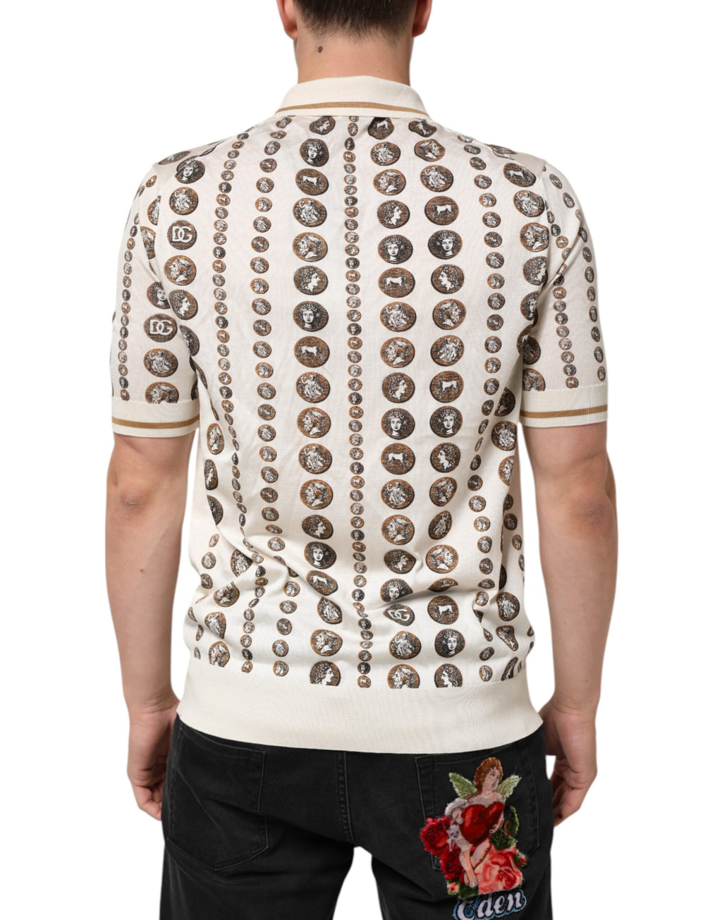 Dolce & Gabbana Silk Ivory Coin Print Logo Men's Polo T-shirt