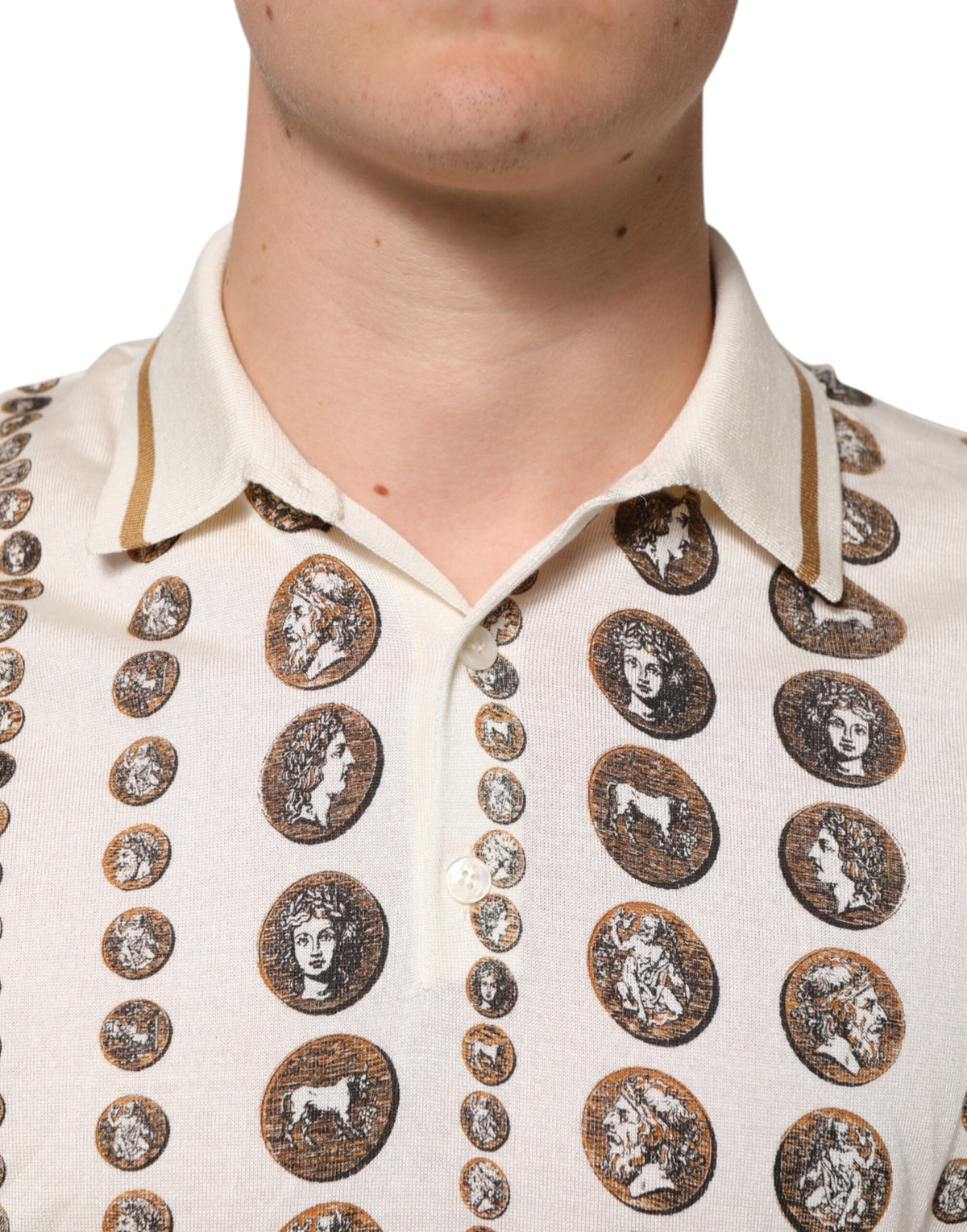 Dolce & Gabbana Silk Ivory Coin Print Logo Men's Polo T-shirt