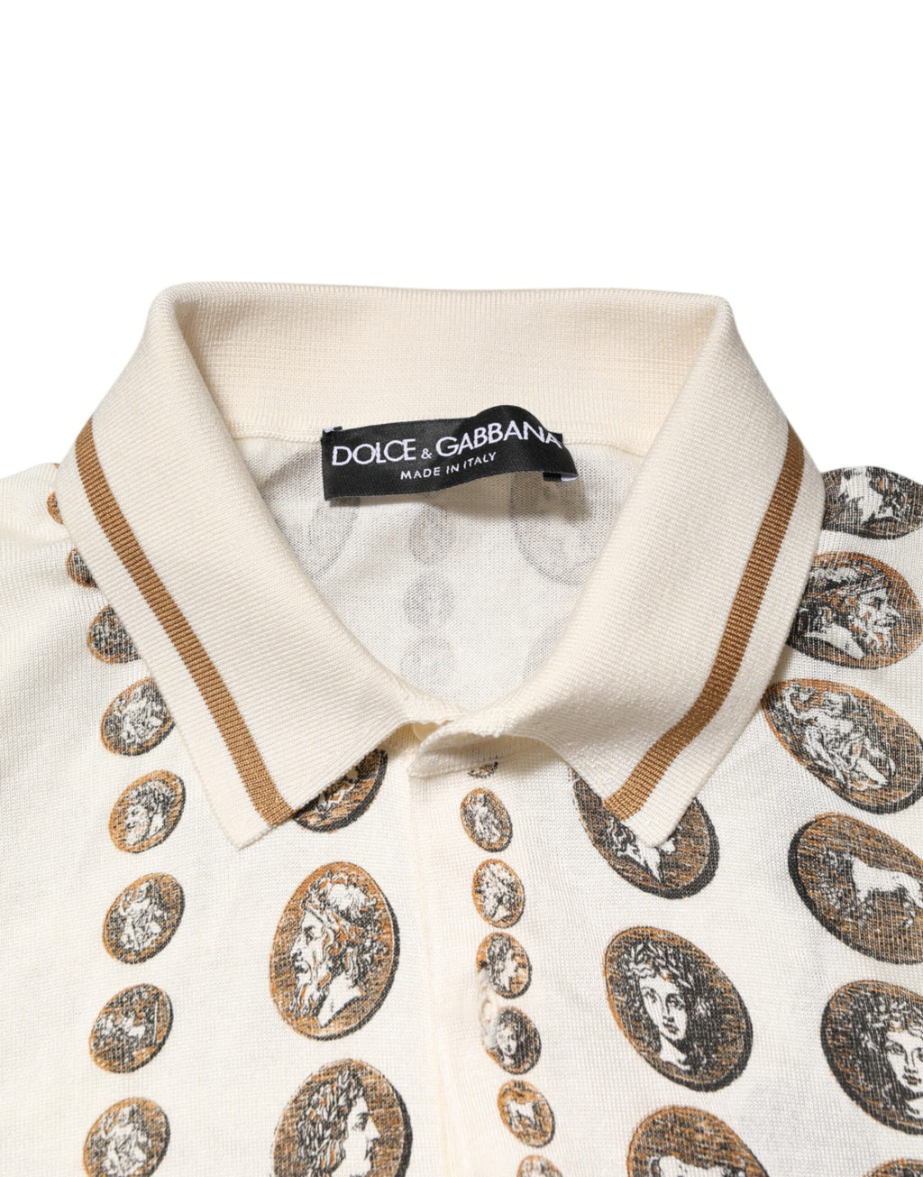 Dolce & Gabbana Silk Ivory Coin Print Logo Men's Polo T-shirt