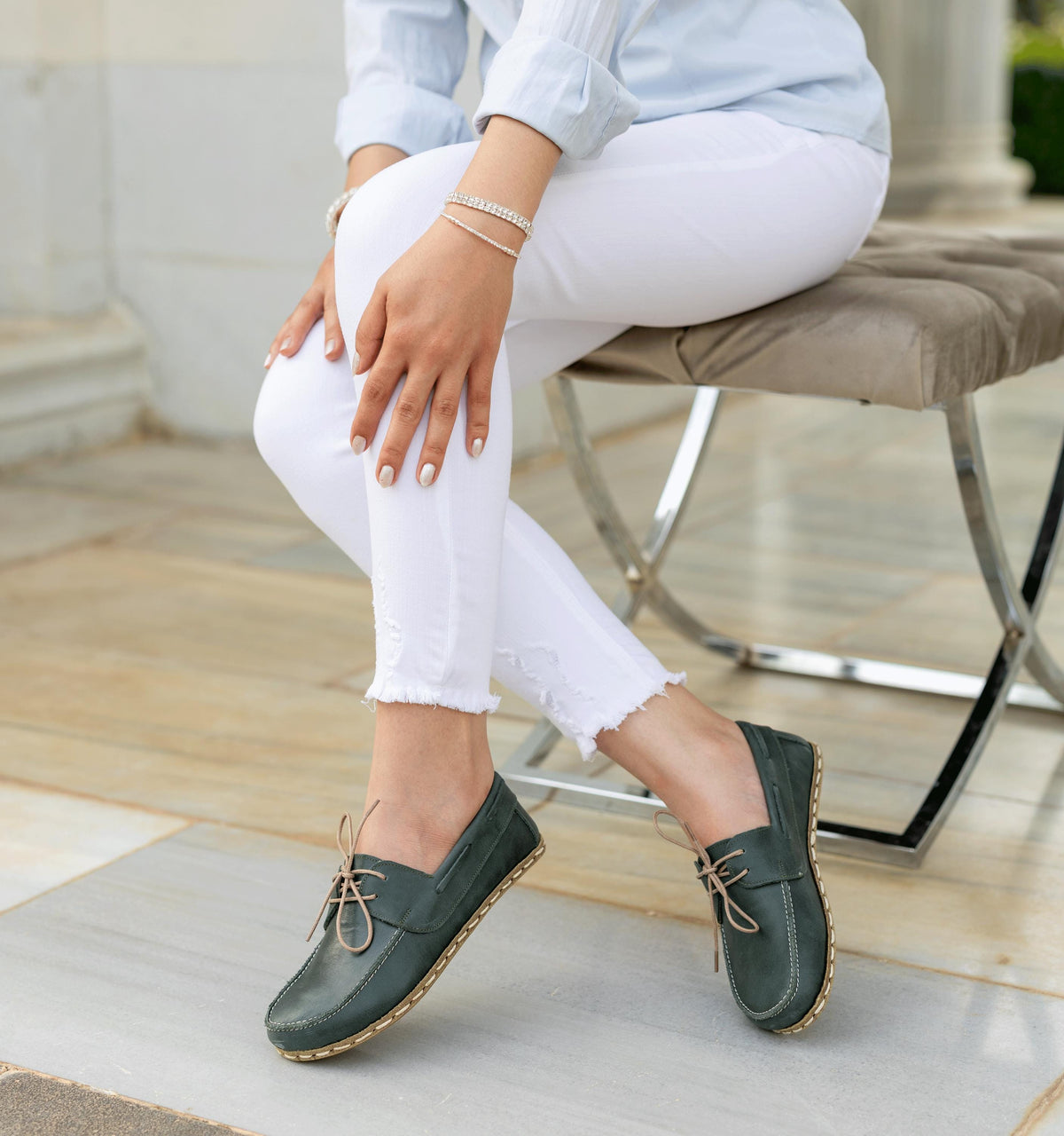 Evergreen women's barefoot boat shoe — smooth full-grain calfskin upper, hand-cut