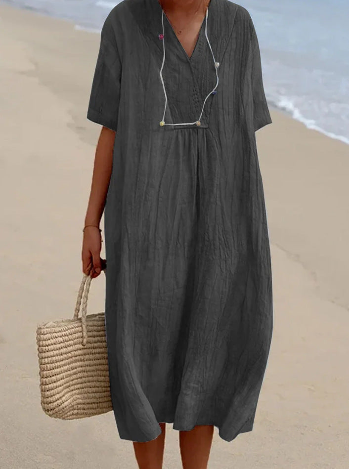 Casual Slimming Pure Color Linen Cotton Dress for Women, Versatile and Fashionable