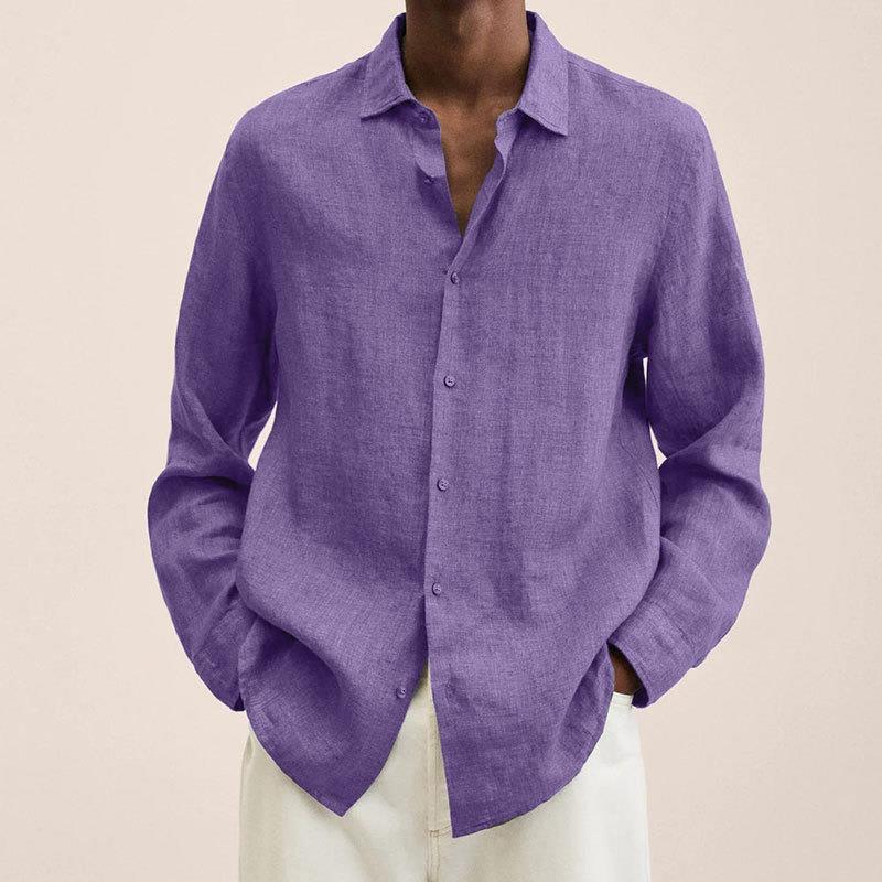Casual Long Sleeve V-Neck Loose Button-Up Linen Cotton Shirt for Men