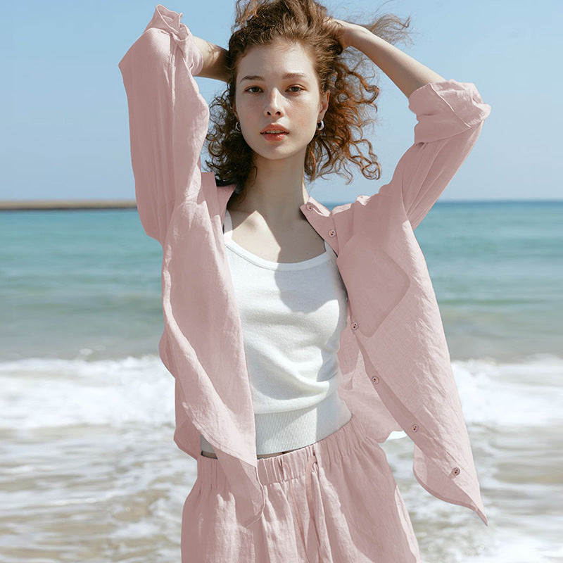 Cotton Linen Long Sleeve Sunscreen Shirt Loose Fit Casual Top for Women Summer Tencel Linen Blouse