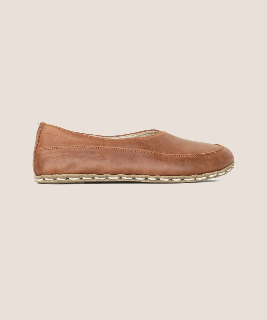 Umber barefoot flat for women — buffalo leather sole with copper grounding rivet