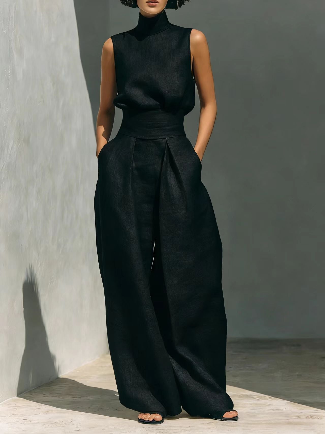 Cotton and linen sleeveless pants casual suit for women