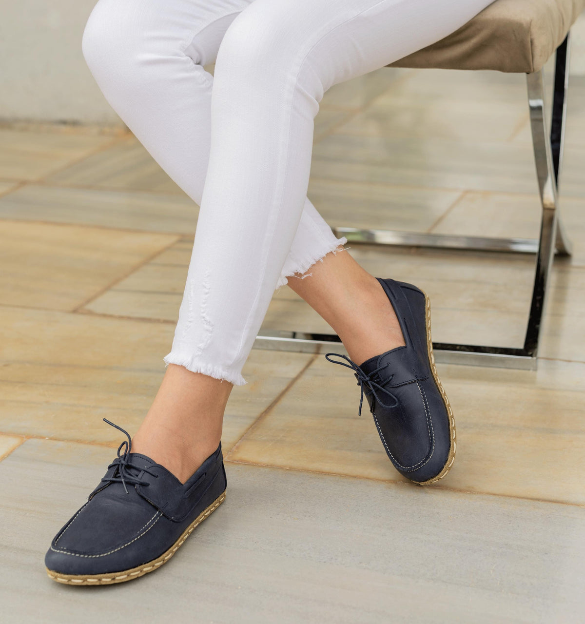 Ocean women's barefoot boat shoe — pull-up crazy calfskin upper, hand-cut