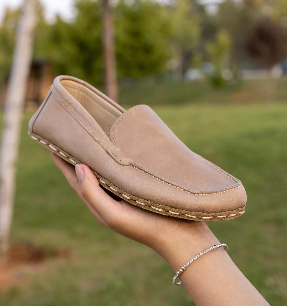 Sand barefoot moccasin for women — buffalo leather sole with copper grounding rivet