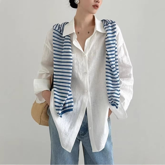 Versatile Loose Relaxed Feel Linen Shirt Top for Women