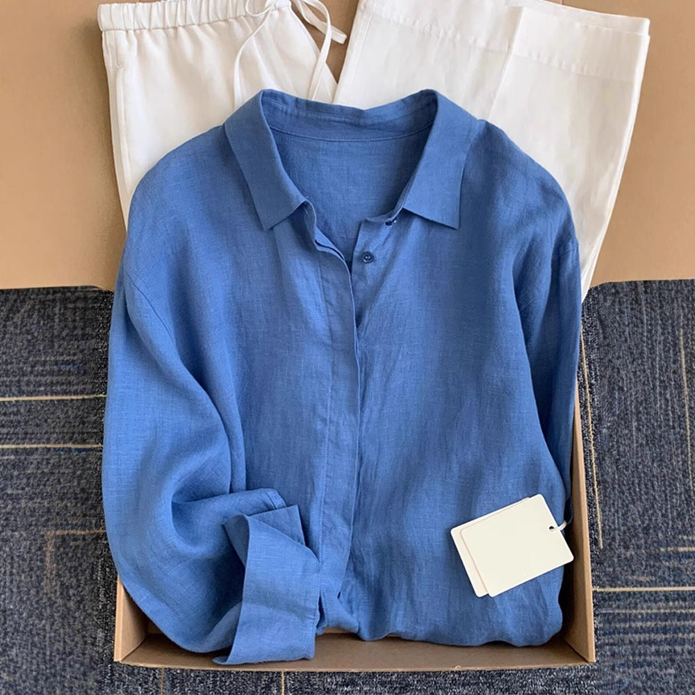French Blue Linen Shirt for Women, Summer Lightweight Loose Vintage-Style Linen Blouse, Long Sleeve Sun Protection Cotton-Linen Top