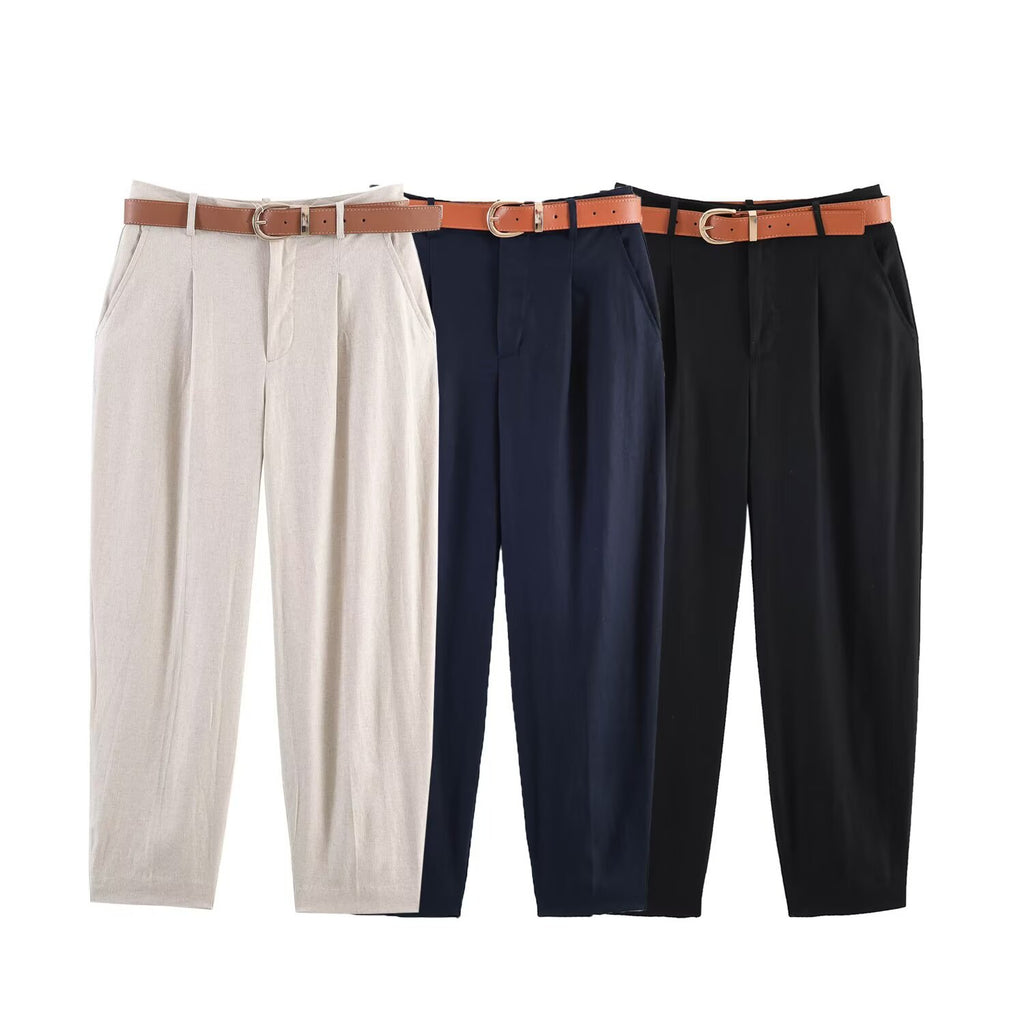 Commuter linen pleated belt pants