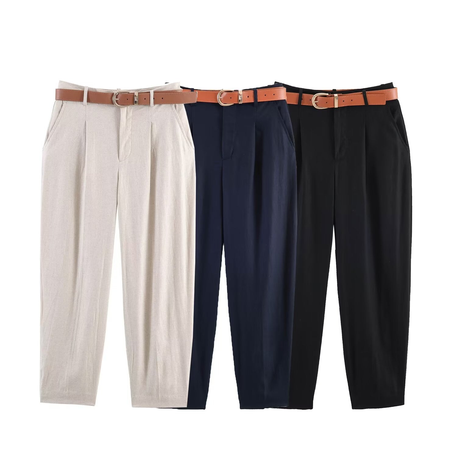 Commuter linen pleated belt pants