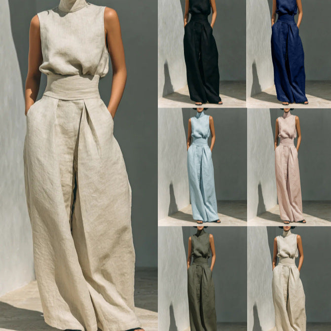 Cotton and linen sleeveless pants casual suit for women