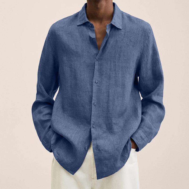 Casual Long Sleeve V-Neck Loose Button-Up Linen Cotton Shirt for Men