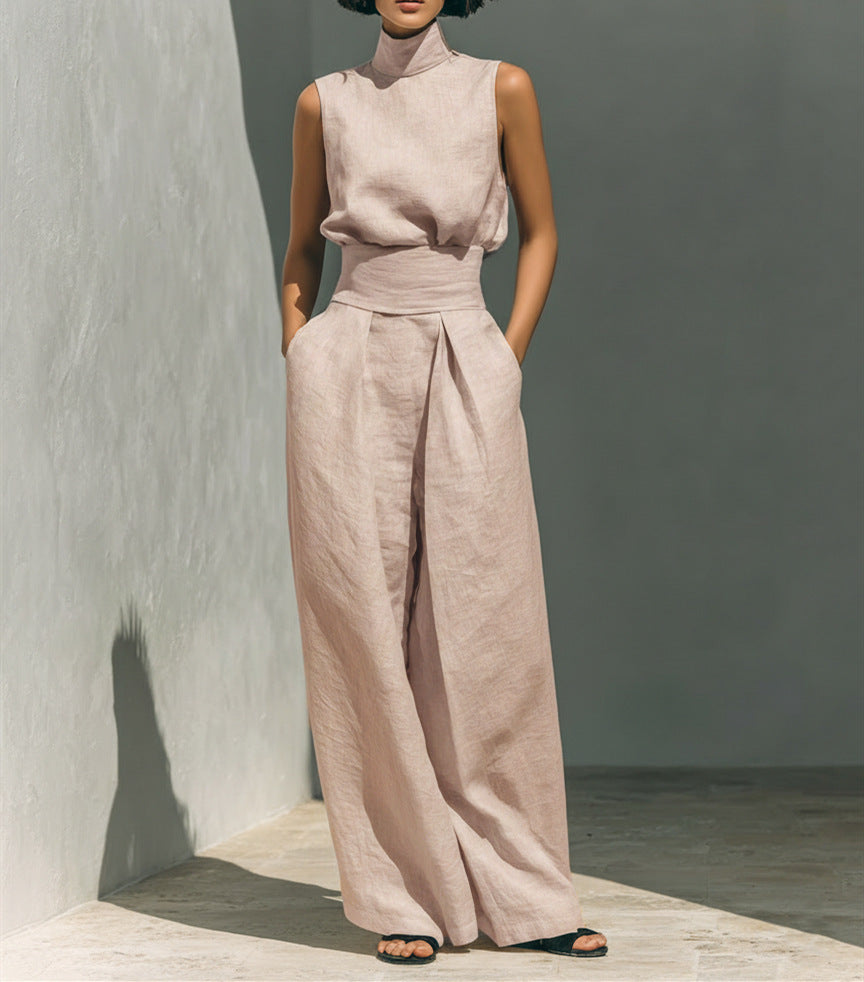 Cotton and linen sleeveless pants casual suit for women