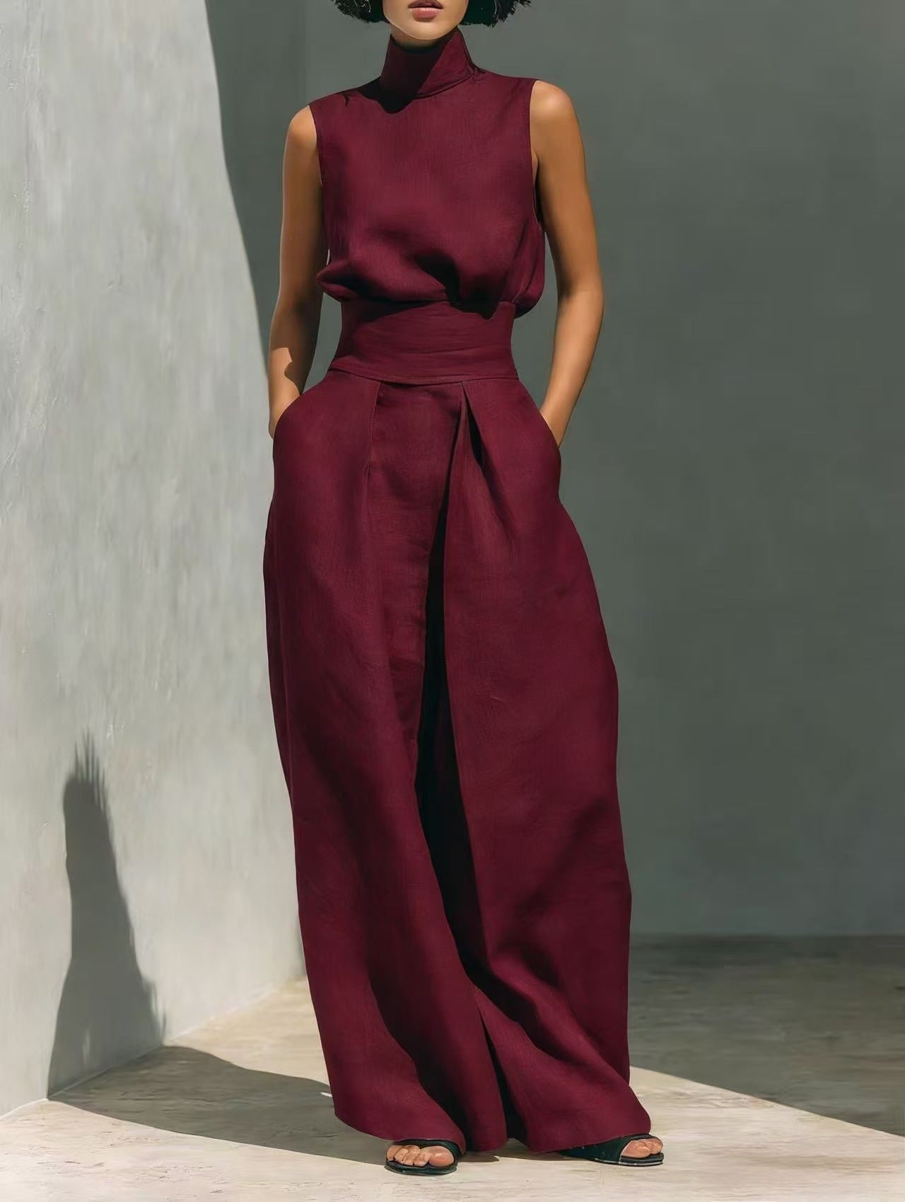Cotton and linen sleeveless pants casual suit for women