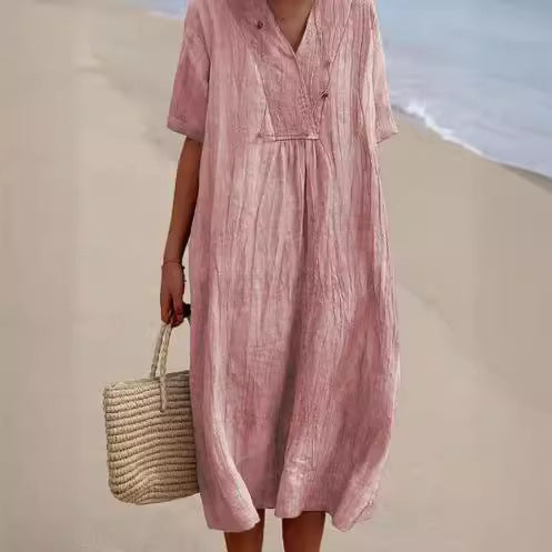 Casual Slimming Pure Color Linen Cotton Dress for Women, Versatile and Fashionable