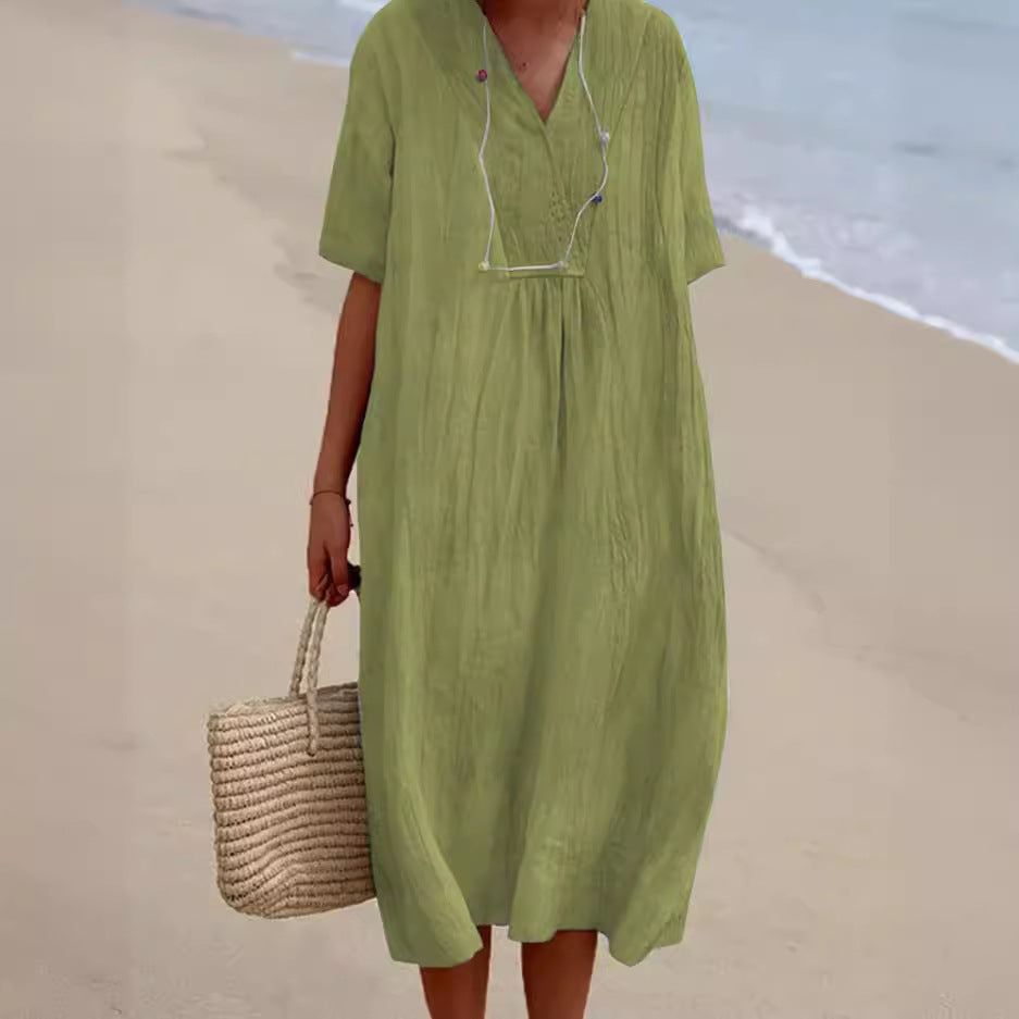 Casual Slimming Pure Color Linen Cotton Dress for Women, Versatile and Fashionable