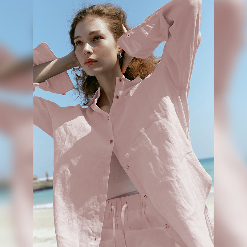 Cotton Linen Long Sleeve Sunscreen Shirt Loose Fit Casual Top for Women Summer Tencel Linen Blouse