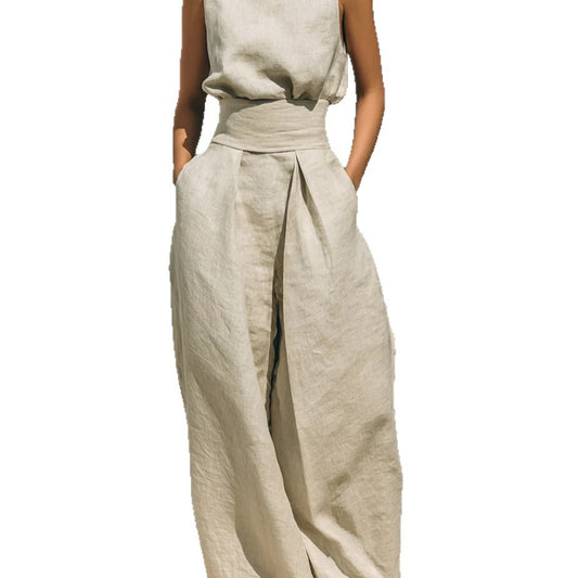 Cotton and linen sleeveless pants casual suit for women