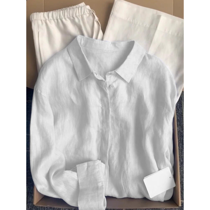 French Blue Linen Shirt for Women, Summer Lightweight Loose Vintage-Style Linen Blouse, Long Sleeve Sun Protection Cotton-Linen Top