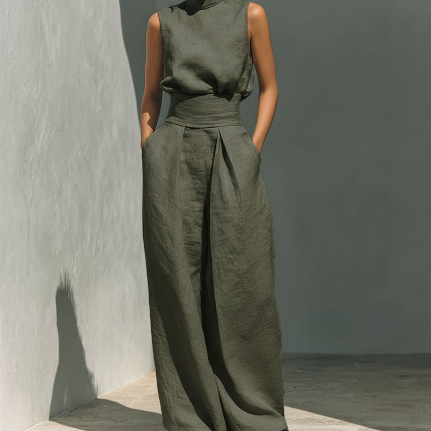 Cotton and linen sleeveless pants casual suit for women