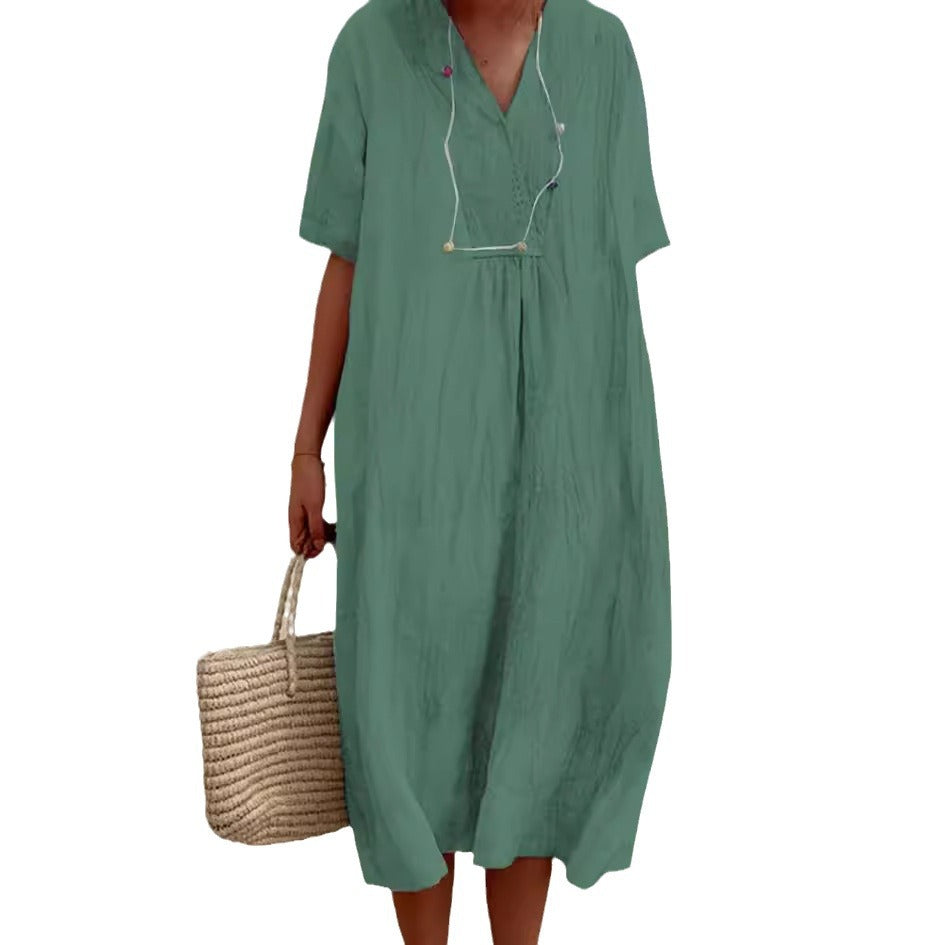 Casual Slimming Pure Color Linen Cotton Dress for Women, Versatile and Fashionable