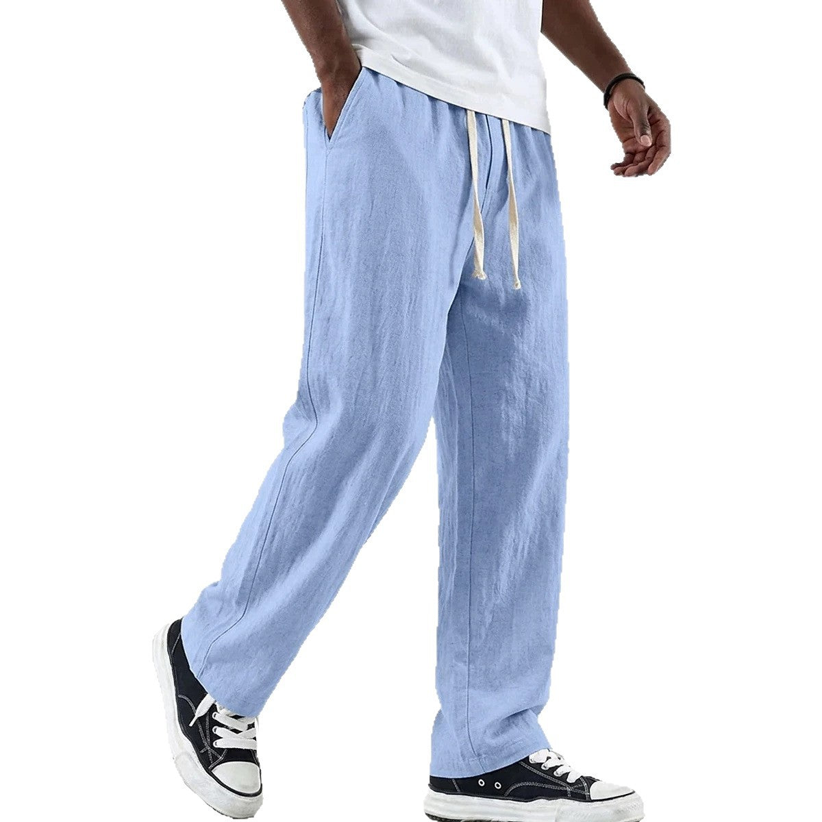 Linen Loose Drape Drawstring Cotton-Linen Casual Straight Leg Wide Leg Pants for Men