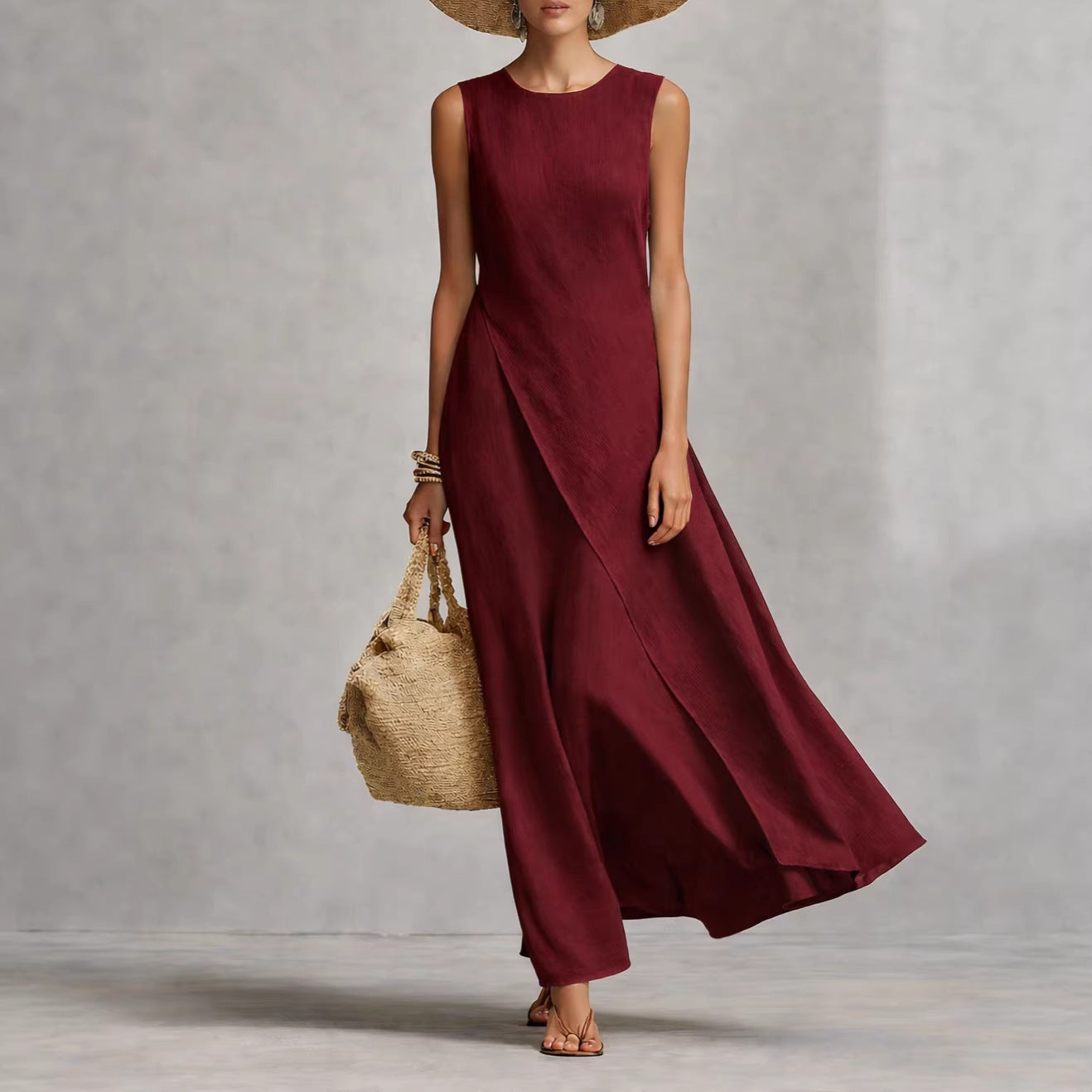 Sleeveless asymmetrical hem cotton linen blend dress