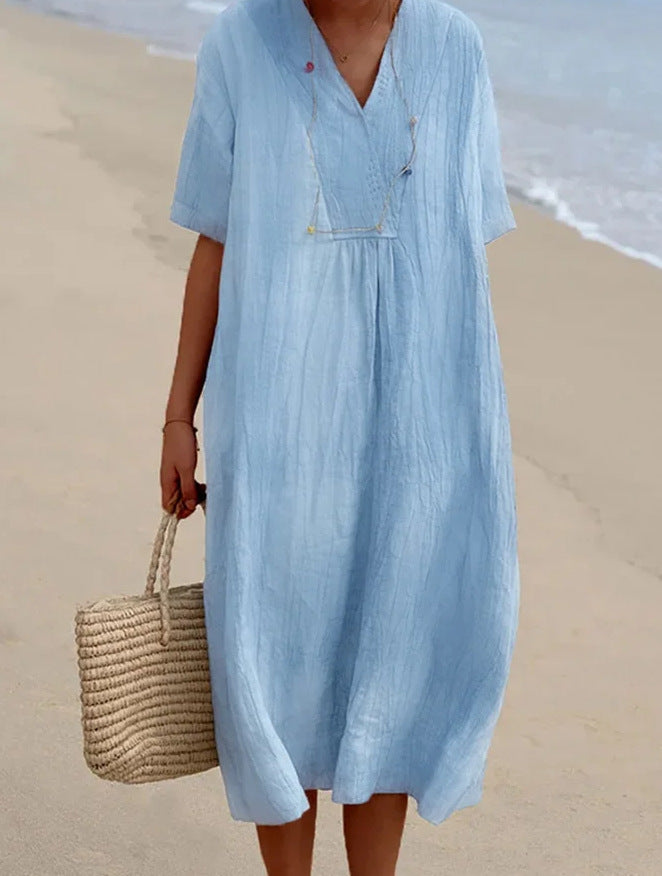 Casual Slimming Pure Color Linen Cotton Dress for Women, Versatile and Fashionable