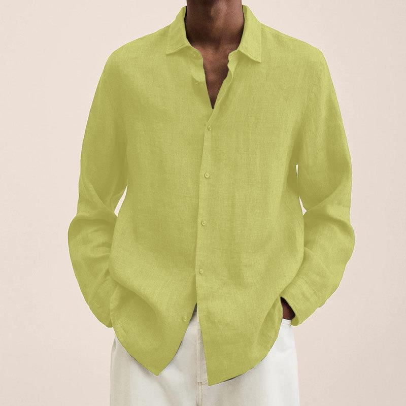 Casual Long Sleeve V-Neck Loose Button-Up Linen Cotton Shirt for Men