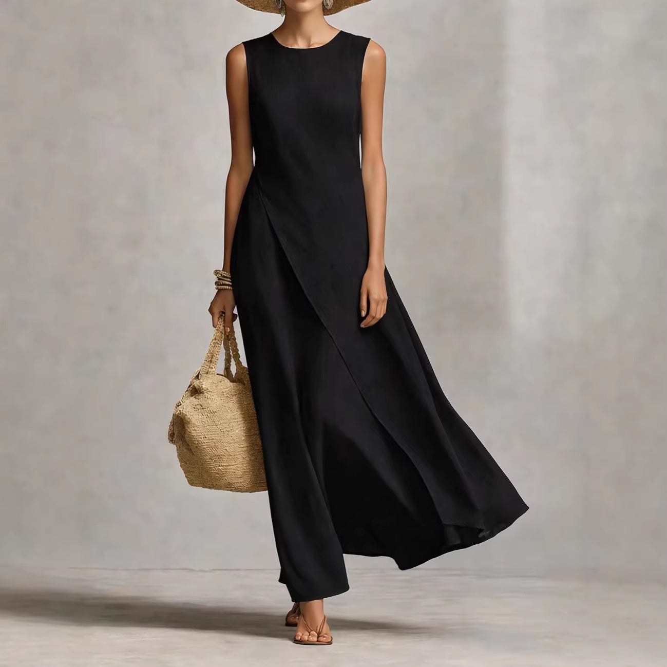 Sleeveless asymmetrical hem cotton linen blend dress
