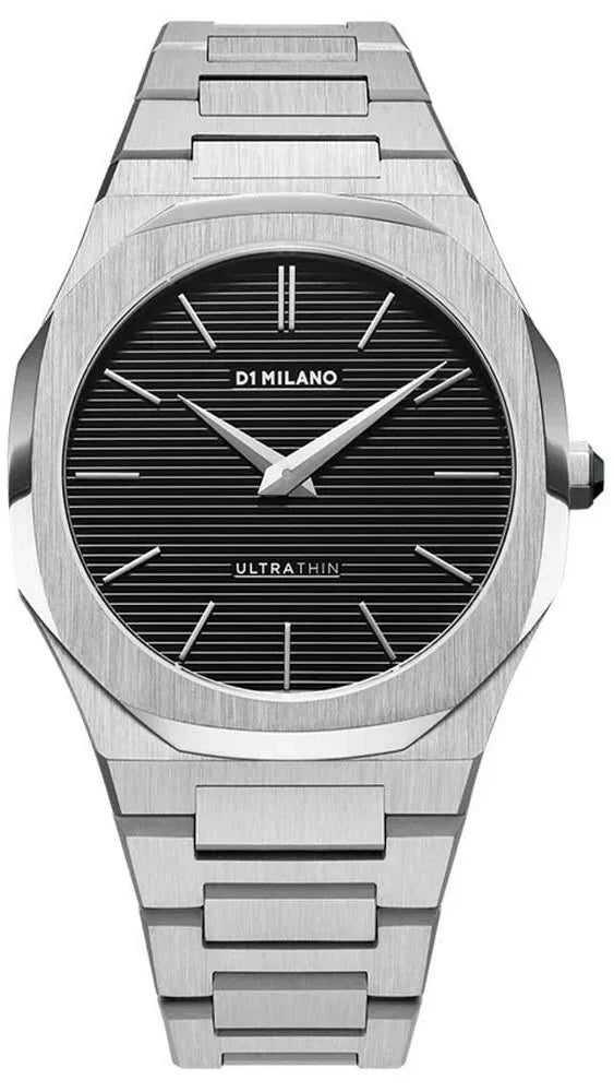 Silver watch with black dial on a white background