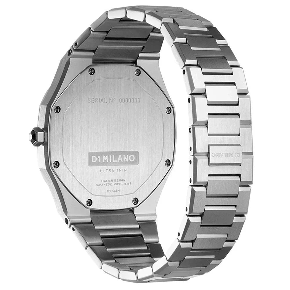 Silver watch with metal band on a white background