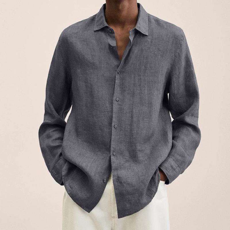 Casual Long Sleeve V-Neck Loose Button-Up Linen Cotton Shirt for Men