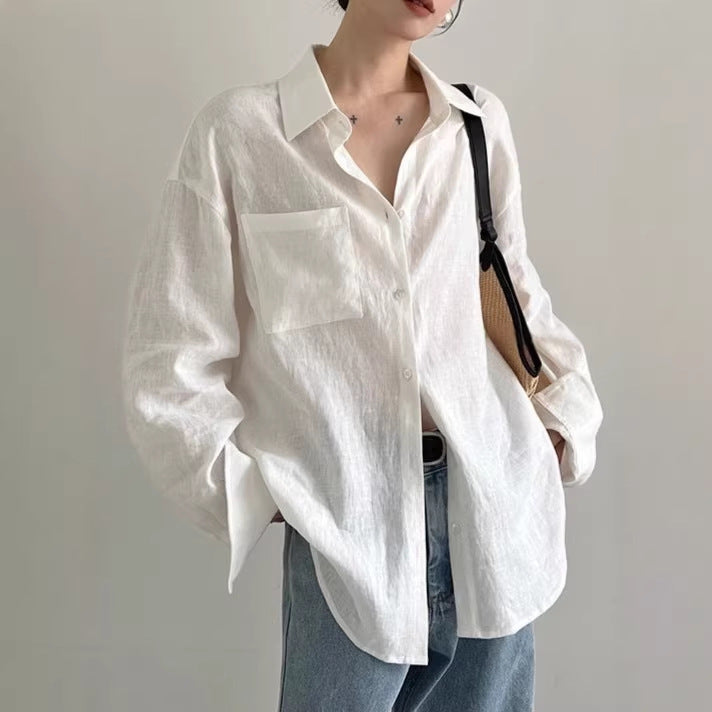 Versatile Loose Relaxed Feel Linen Shirt Top for Women