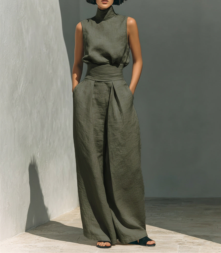 Cotton and linen sleeveless pants casual suit for women