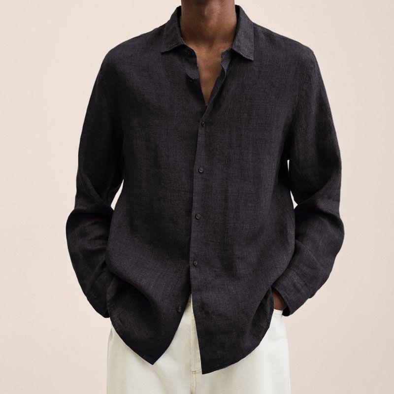 Casual Long Sleeve V-Neck Loose Button-Up Linen Cotton Shirt for Men