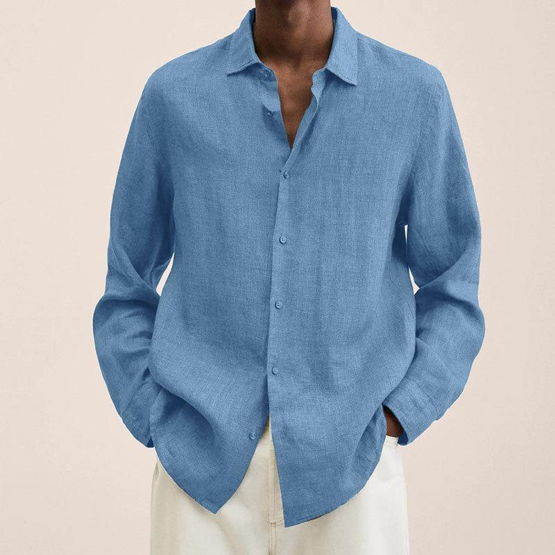 Casual Long Sleeve V-Neck Loose Button-Up Linen Cotton Shirt for Men