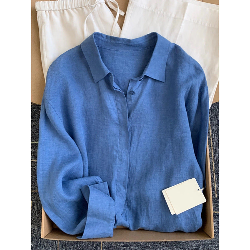French Blue Linen Shirt for Women, Summer Lightweight Loose Vintage-Style Linen Blouse, Long Sleeve Sun Protection Cotton-Linen Top