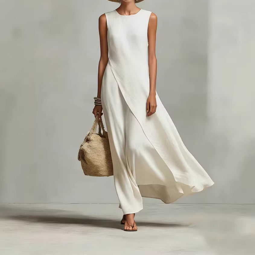 Sleeveless asymmetrical hem cotton linen blend dress