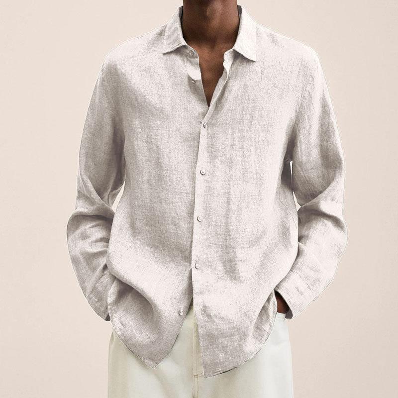 Casual Long Sleeve V-Neck Loose Button-Up Linen Cotton Shirt for Men