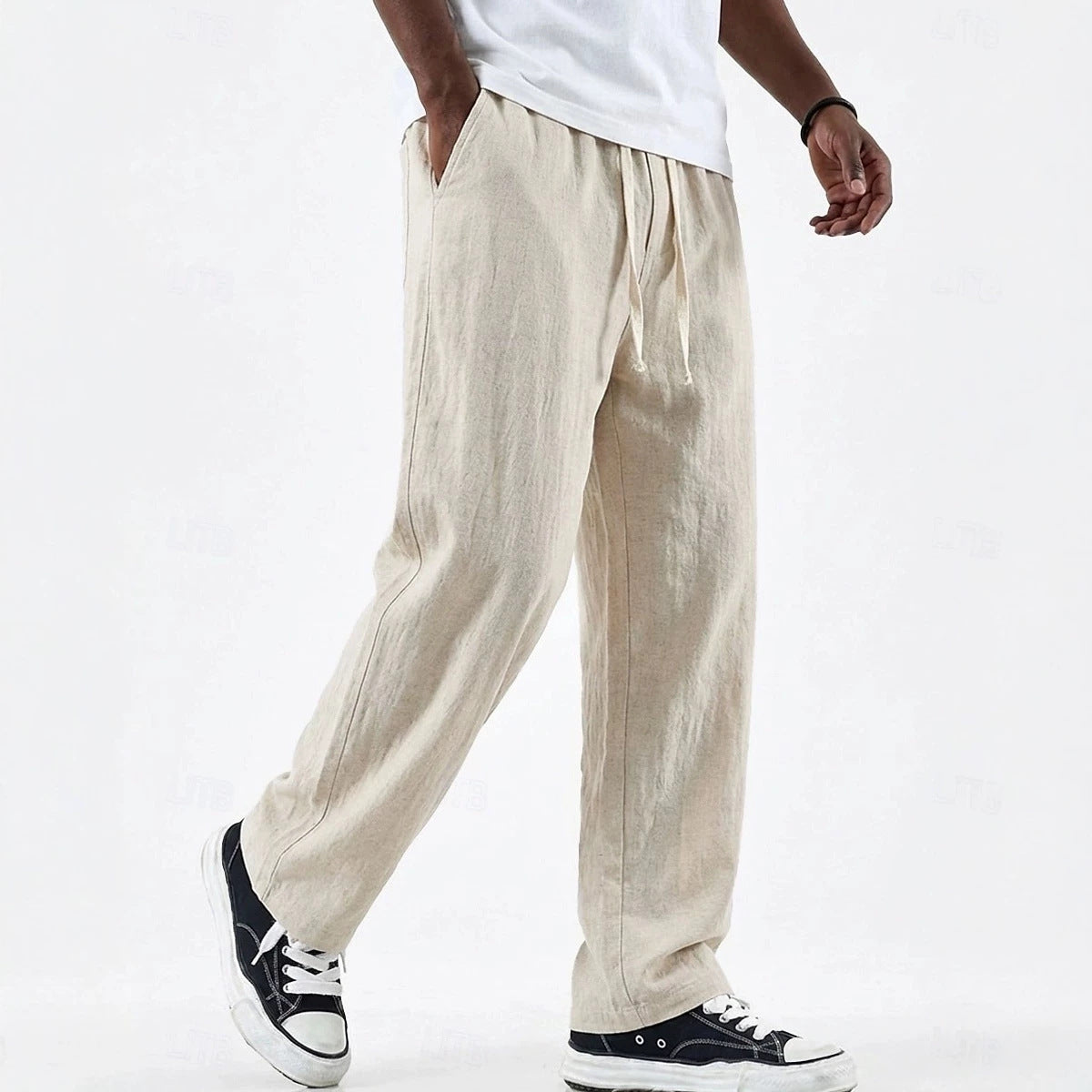 Linen Loose Drape Drawstring Cotton-Linen Casual Straight Leg Wide Leg Pants for Men
