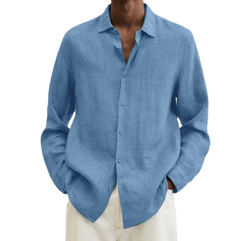 Casual Long Sleeve V-Neck Loose Button-Up Linen Cotton Shirt for Men