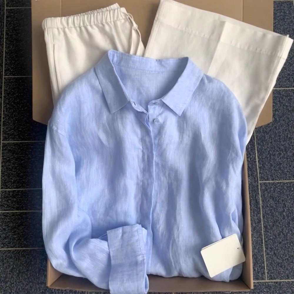 French Blue Linen Shirt for Women, Summer Lightweight Loose Vintage-Style Linen Blouse, Long Sleeve Sun Protection Cotton-Linen Top