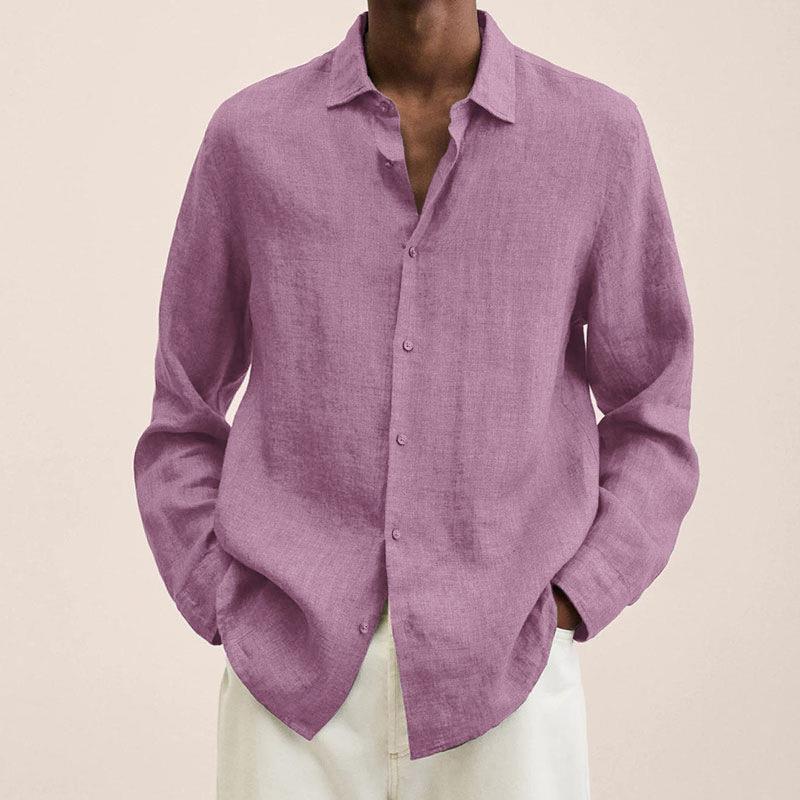 Casual Long Sleeve V-Neck Loose Button-Up Linen Cotton Shirt for Men