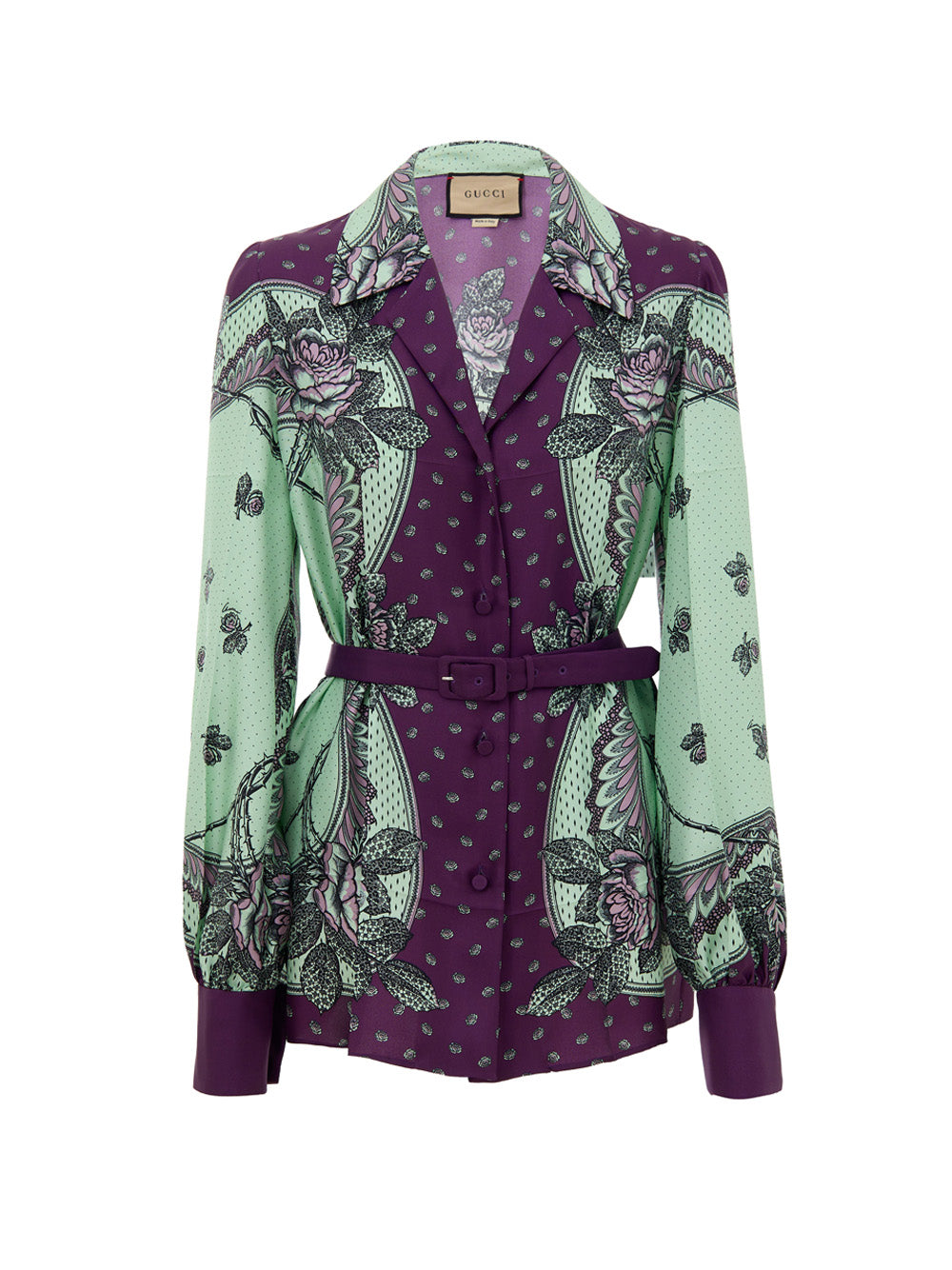 Gucci Mint Green and Purple Print Silk Shirt